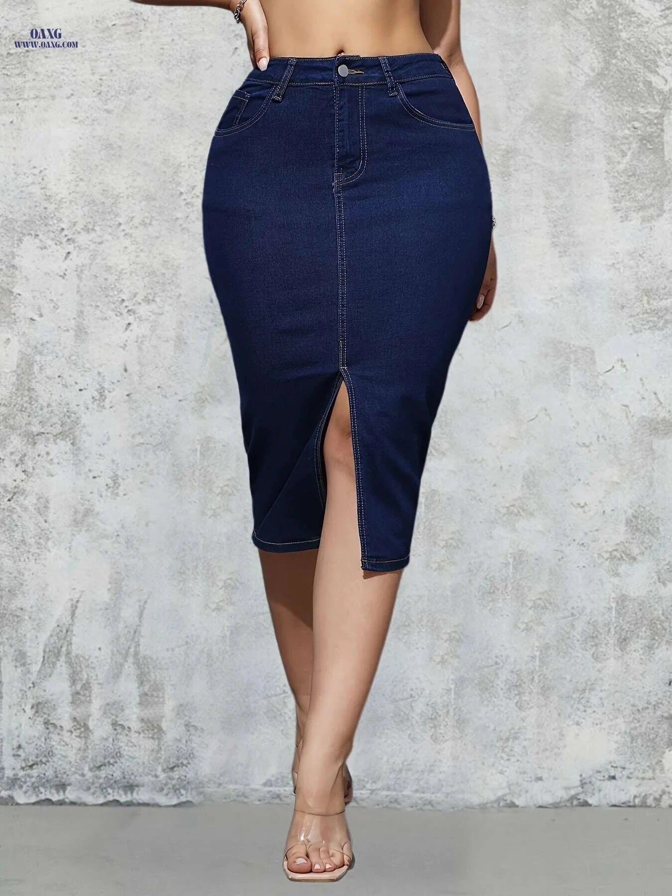 High-Waist Denim Bodycon Skirt - Slim Fit, Side Split, Street Style   OAXG Blue / XS