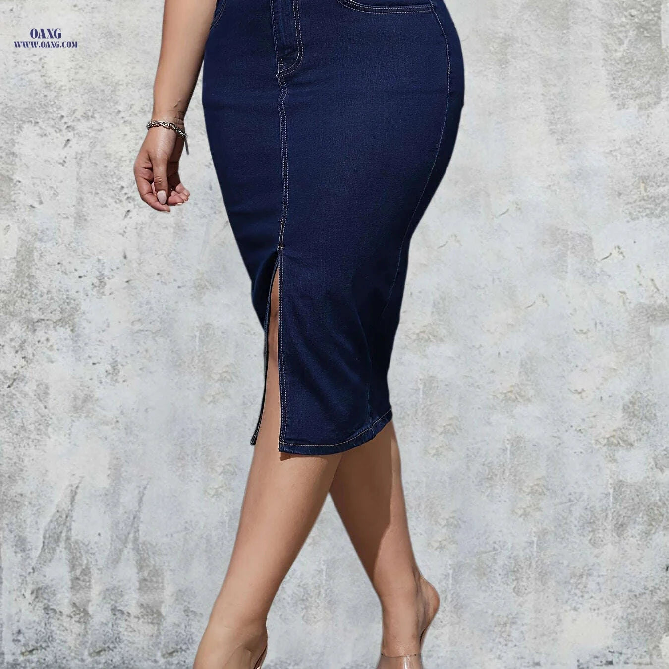 High-Waist Denim Bodycon Skirt - Slim Fit, Side Split, Street Style   OAXG Blue / XS