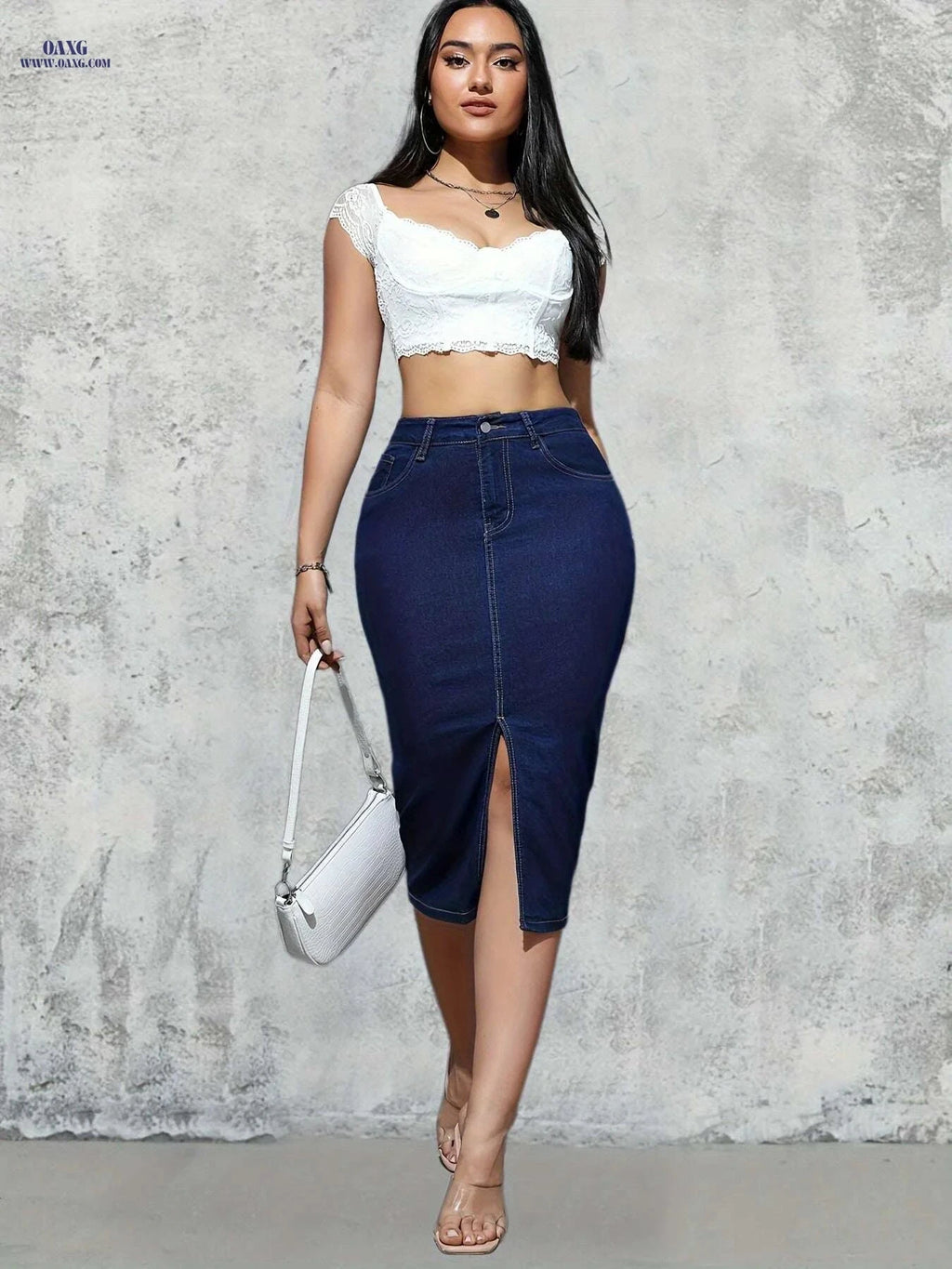 High-Waist Denim Bodycon Skirt - Slim Fit, Side Split, Street Style   OAXG Blue / XS