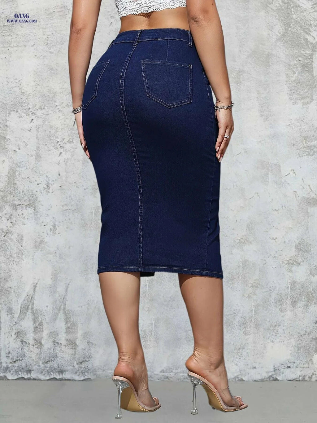 High-Waist Denim Bodycon Skirt - Slim Fit, Side Split, Street Style   OAXG Blue / XS