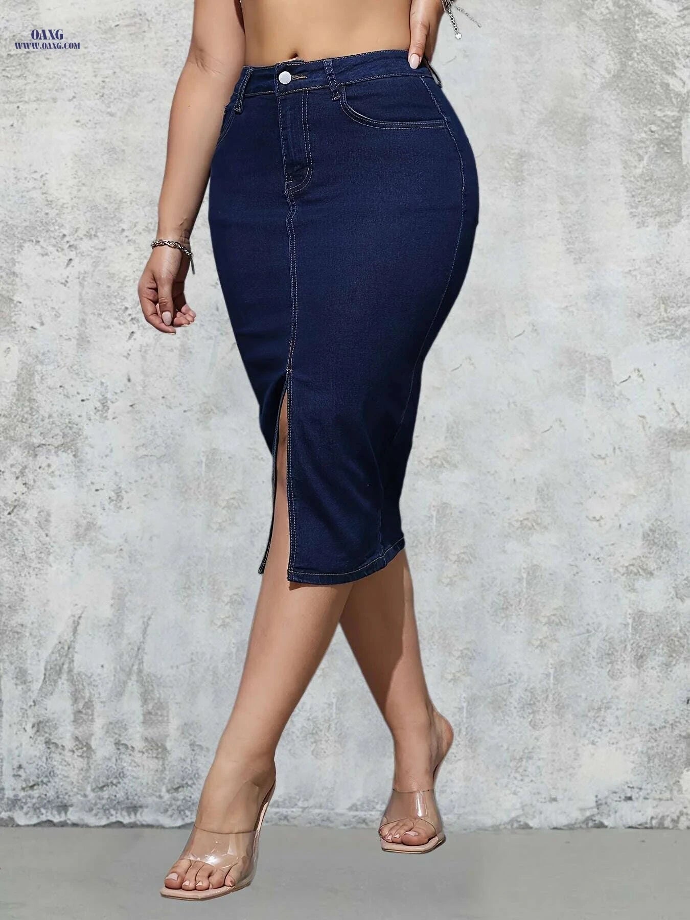 High-Waist Denim Bodycon Skirt - Slim Fit, Side Split, Street Style   OAXG 