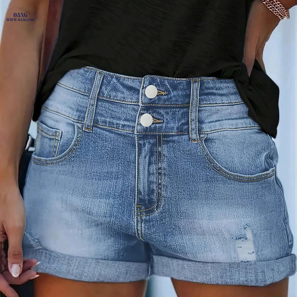 High Waist Distressed Denim Shorts - Vintage Slim Fit for Summer   OAXG 