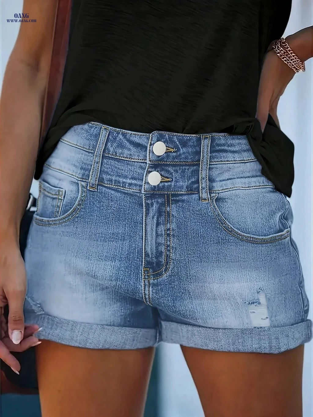 High Waist Distressed Denim Shorts - Vintage Slim Fit for Summer   OAXG 