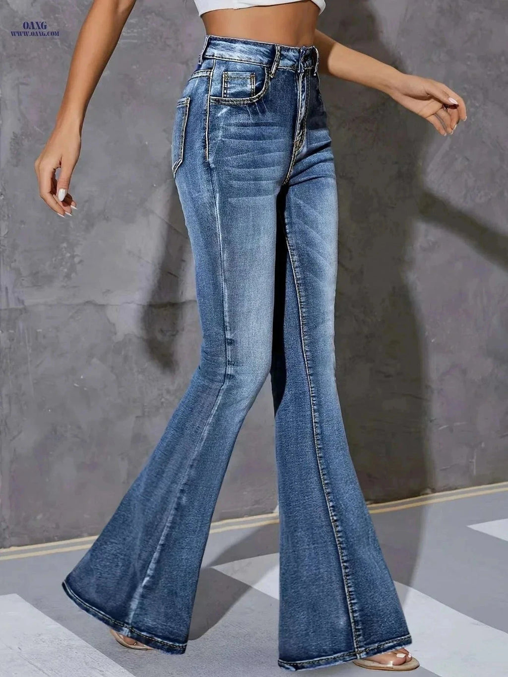High Waist Flare Jeans for Women - Preppy Style, Long Length   OAXG Blue / XS