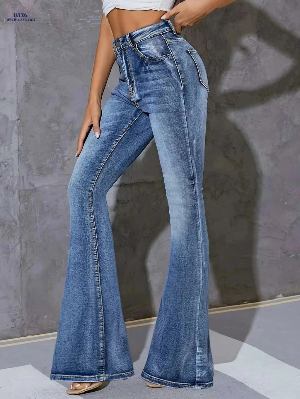 High Waist Flare Jeans for Women - Preppy Style, Long Length   OAXG Blue / XS