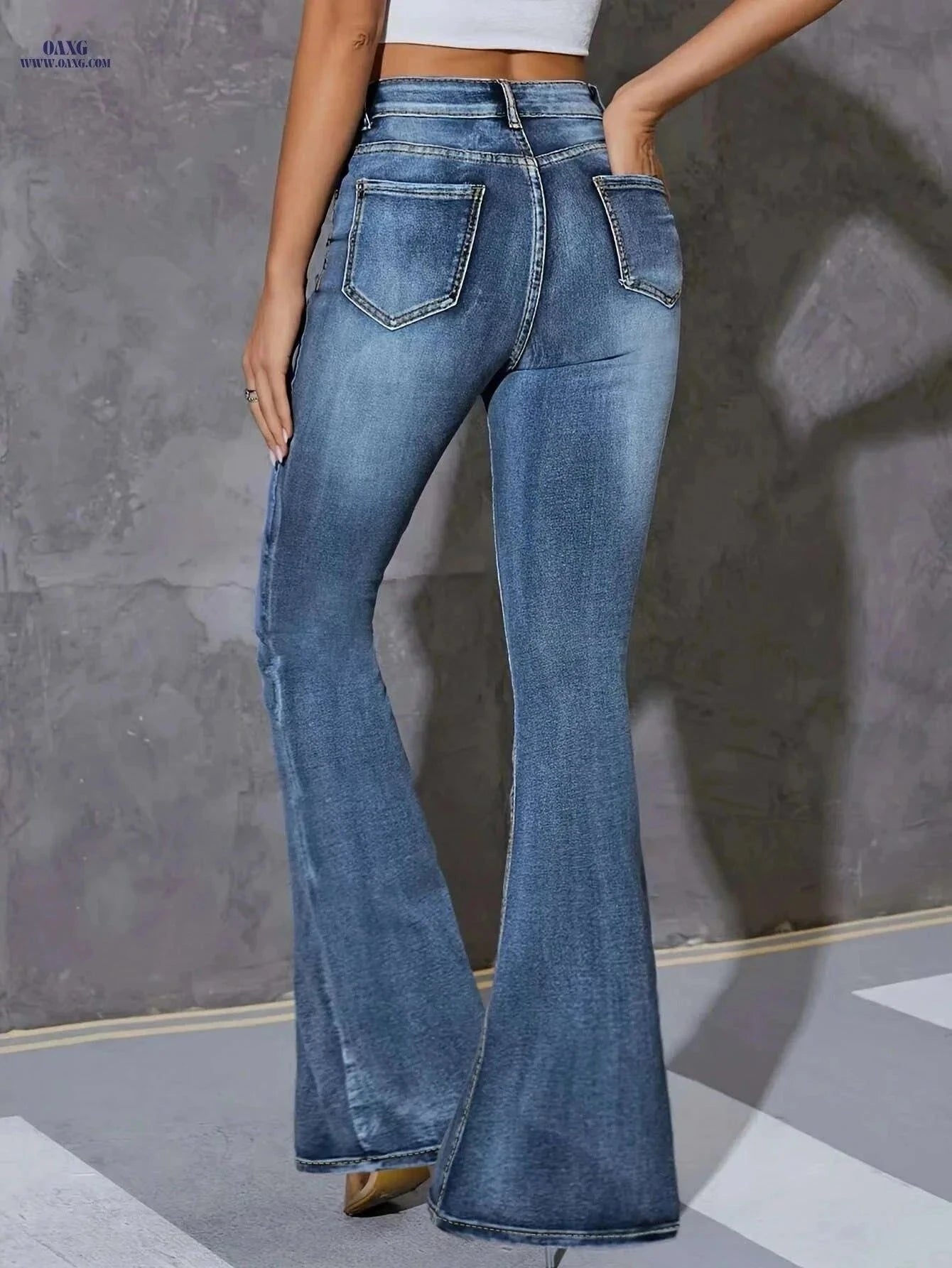 High Waist Flare Jeans for Women - Preppy Style, Long Length   OAXG Blue / XS