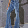 High Waist Flare Jeans for Women - Preppy Style, Long Length   OAXG Blue / XS