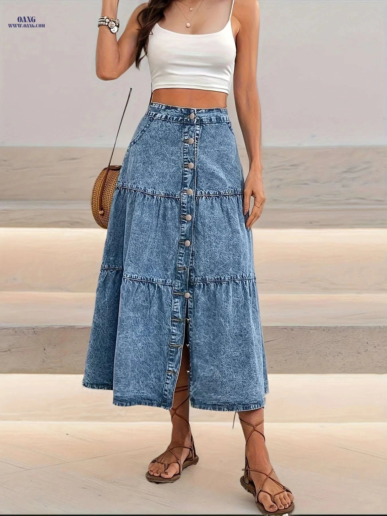 High Waist Loose-fitting Denim Half Skirt - Stylish Elastic Waistband   OAXG Light Blue / XS