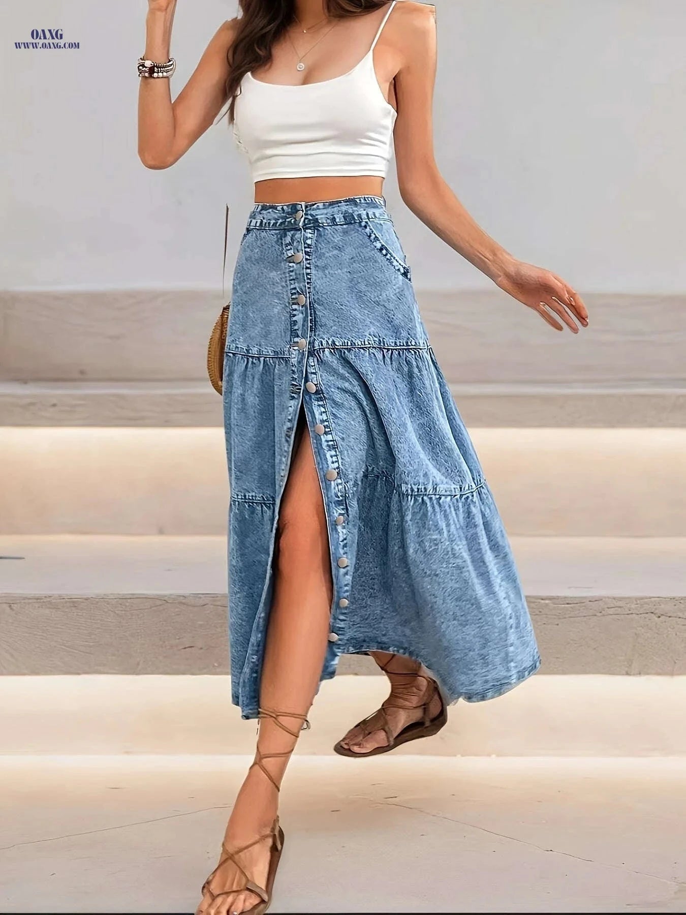 High Waist Loose-fitting Denim Half Skirt - Stylish Elastic Waistband   OAXG Light Blue / XS