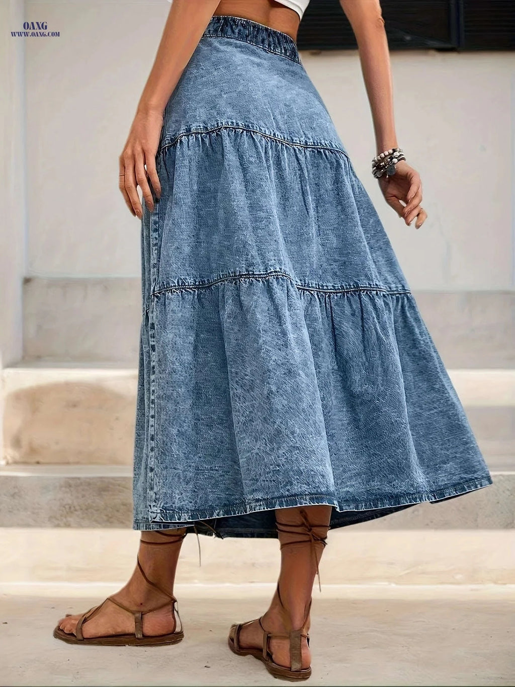 High Waist Loose-fitting Denim Half Skirt - Stylish Elastic Waistband   OAXG Light Blue / XS