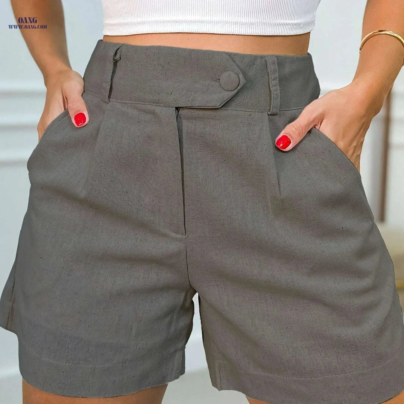 High-Waist Olive Green Casual Shorts for Women - Button Detail & Pockets   OAXG 
