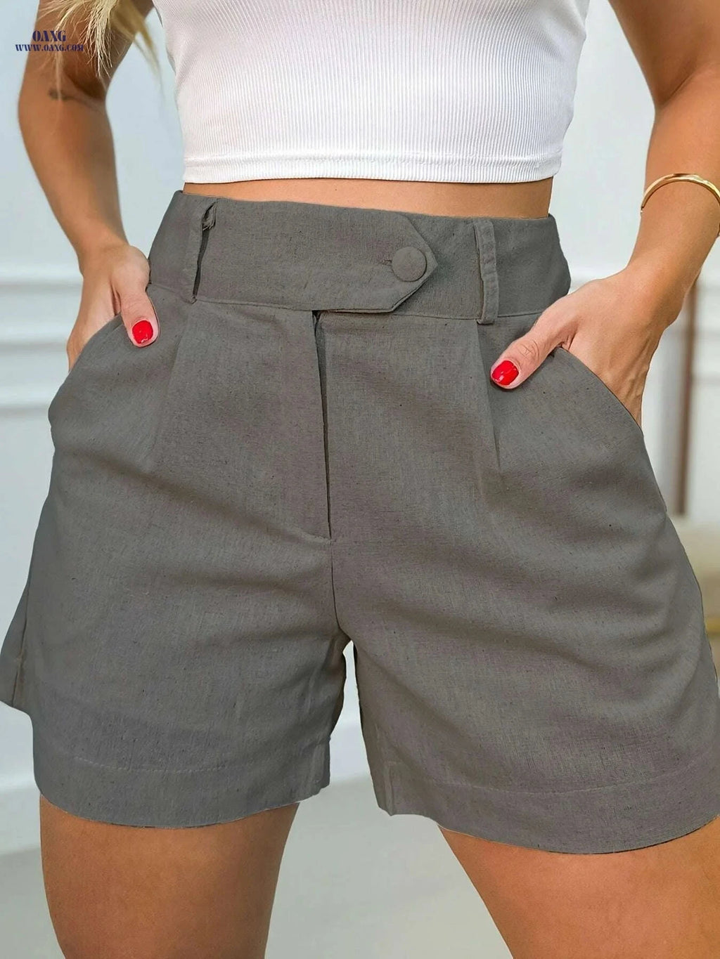 High-Waist Olive Green Casual Shorts for Women - Button Detail & Pockets   OAXG 