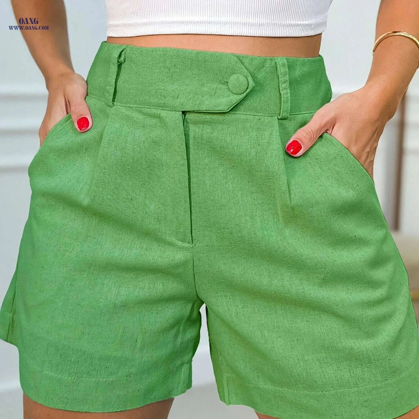 High-Waist Olive Green Casual Shorts for Women - Button Detail & Pockets   OAXG 