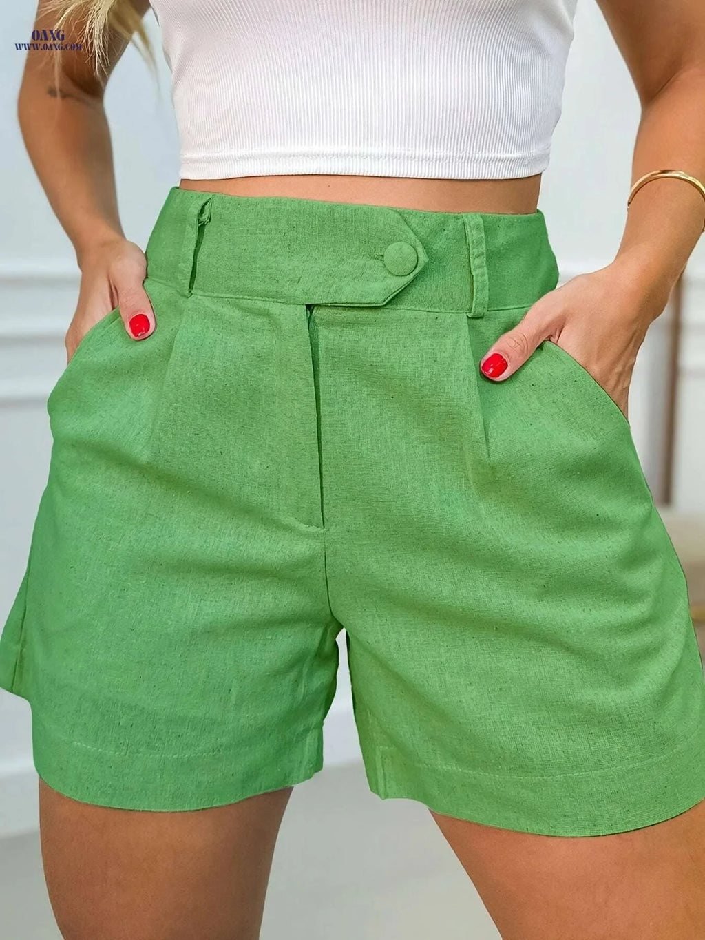 High-Waist Olive Green Casual Shorts for Women - Button Detail & Pockets   OAXG 