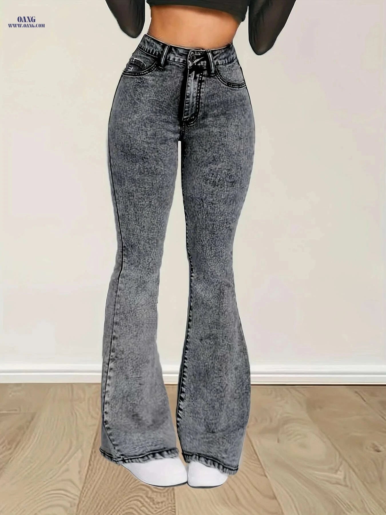 High-Waist Stretch Denim Flare Jeans - Comfortable Bell Bottom Pants   OAXG 