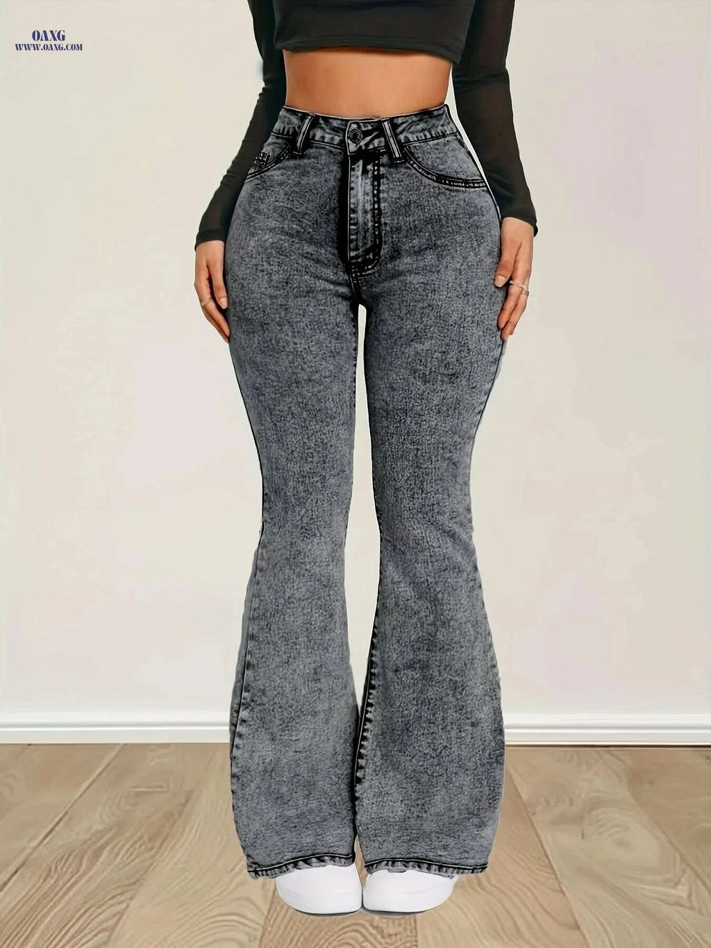 High-Waist Stretch Denim Flare Jeans - Comfortable Bell Bottom Pants   OAXG 