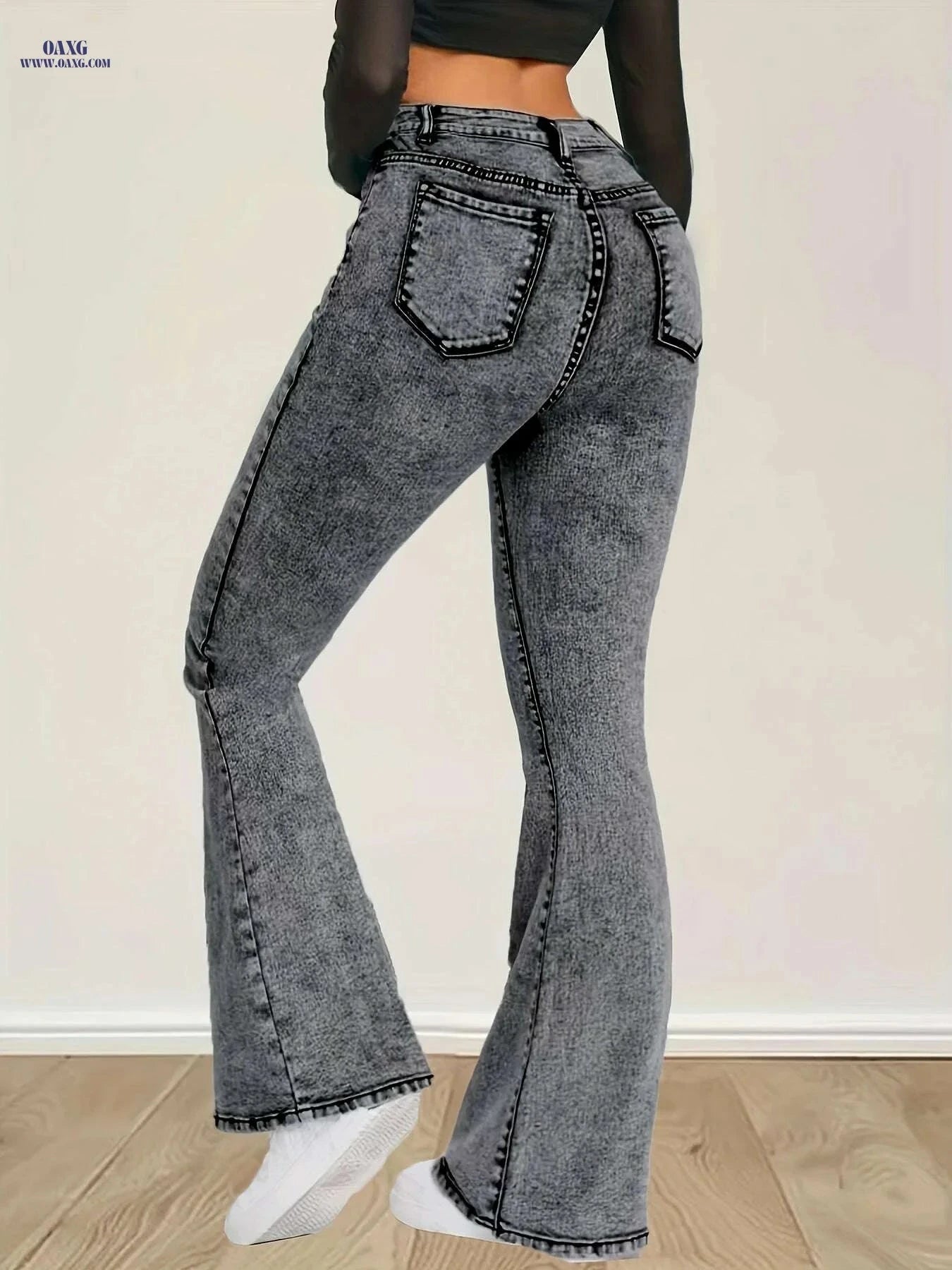 High-Waist Stretch Denim Flare Jeans - Comfortable Bell Bottom Pants   OAXG Grey / XS