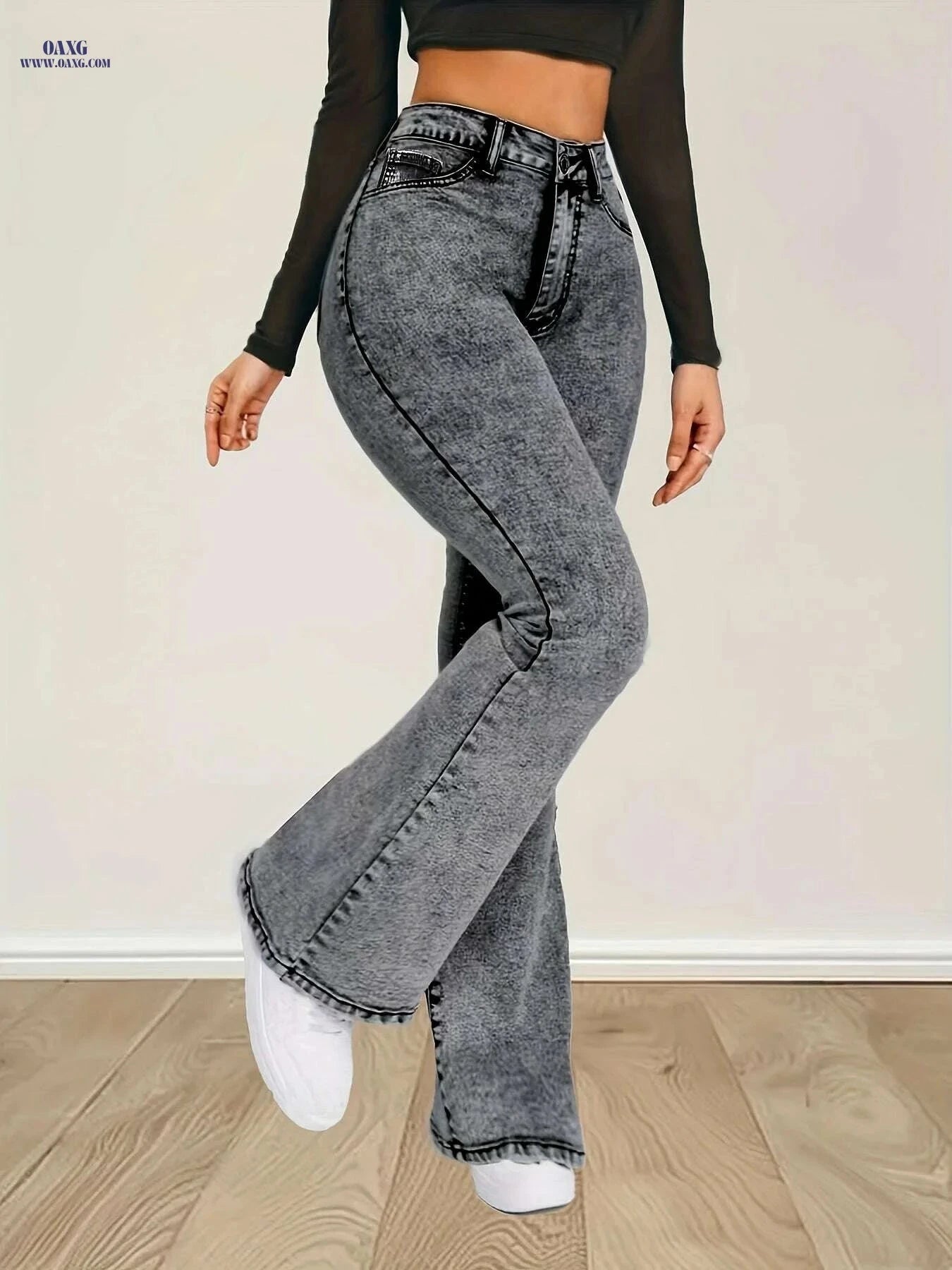 High-Waist Stretch Denim Flare Jeans - Comfortable Bell Bottom Pants   OAXG Grey / XS