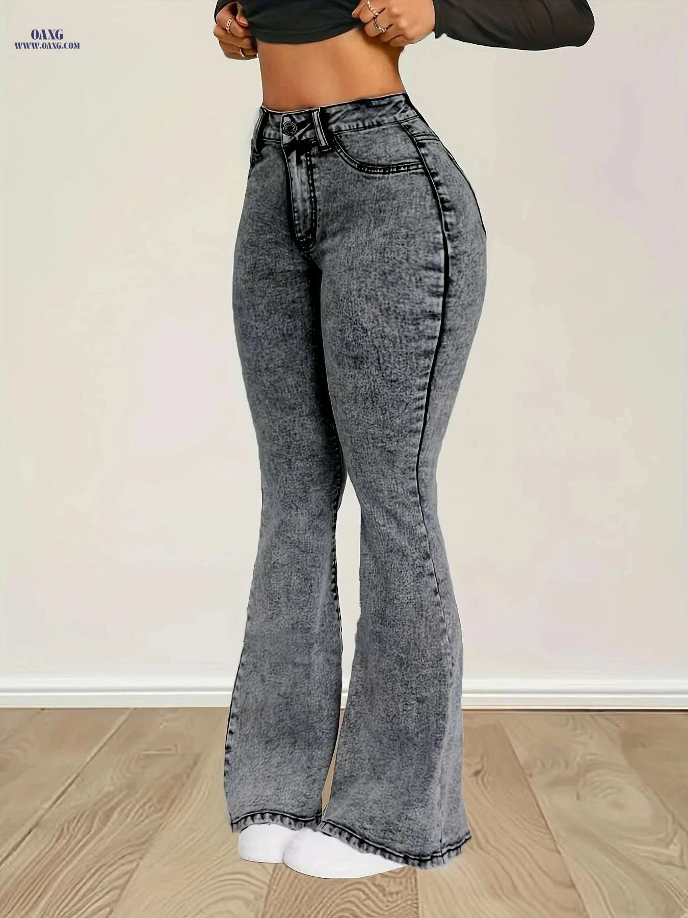 High-Waist Stretch Denim Flare Jeans - Comfortable Bell Bottom Pants   OAXG Grey / XS