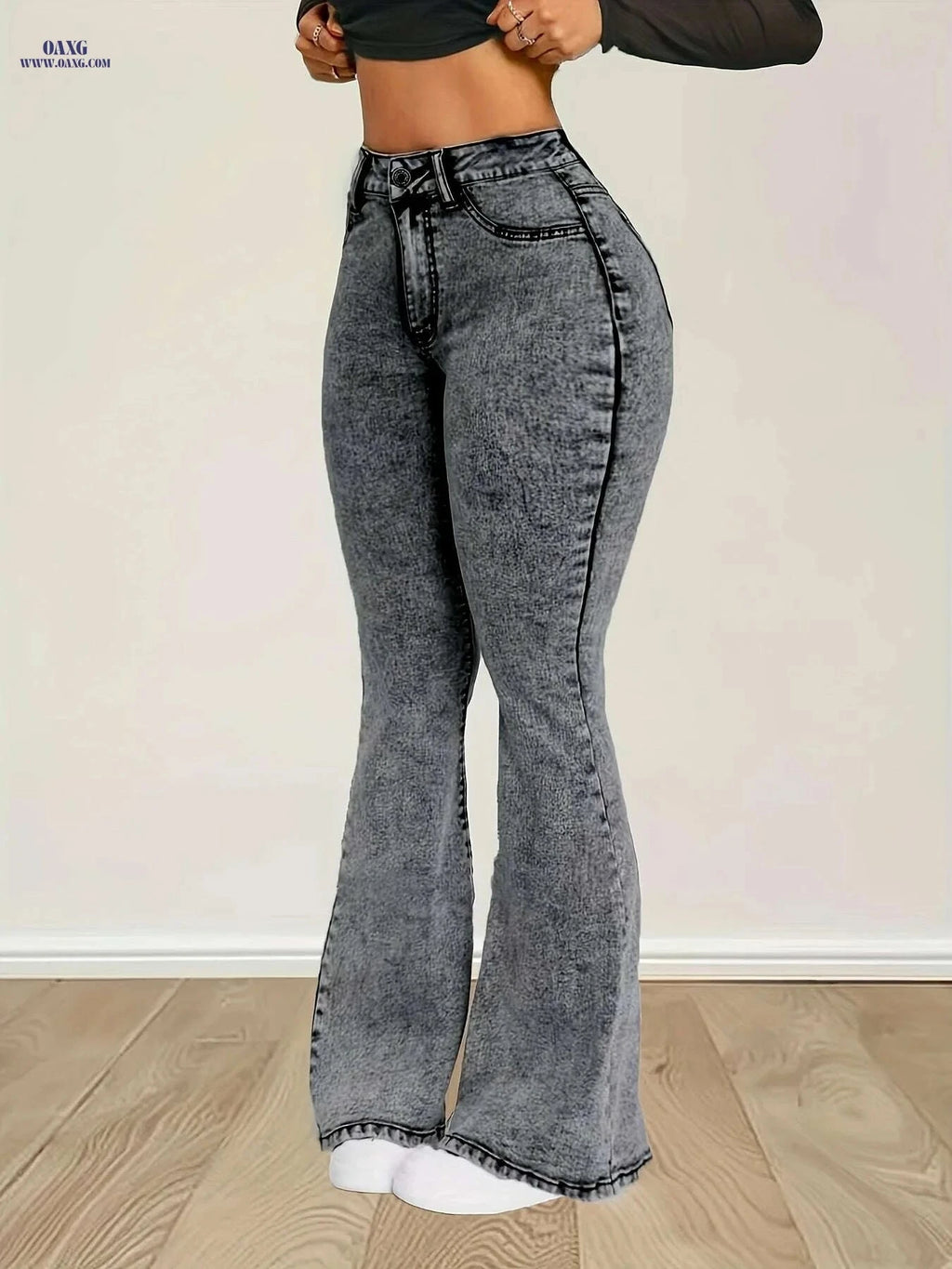 High-Waist Stretch Denim Flare Jeans - Comfortable Bell Bottom Pants   OAXG Grey / XS