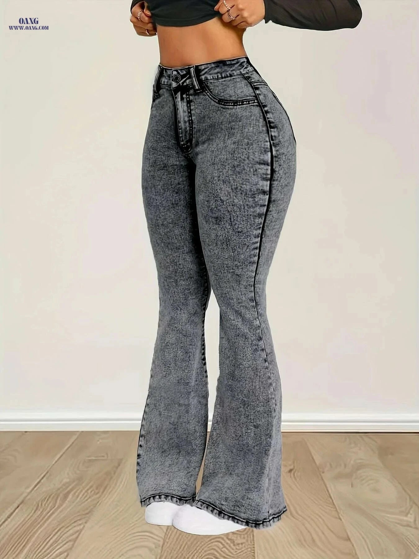 High-Waist Stretch Denim Flare Jeans - Comfortable Bell Bottom Pants   OAXG Grey / XS