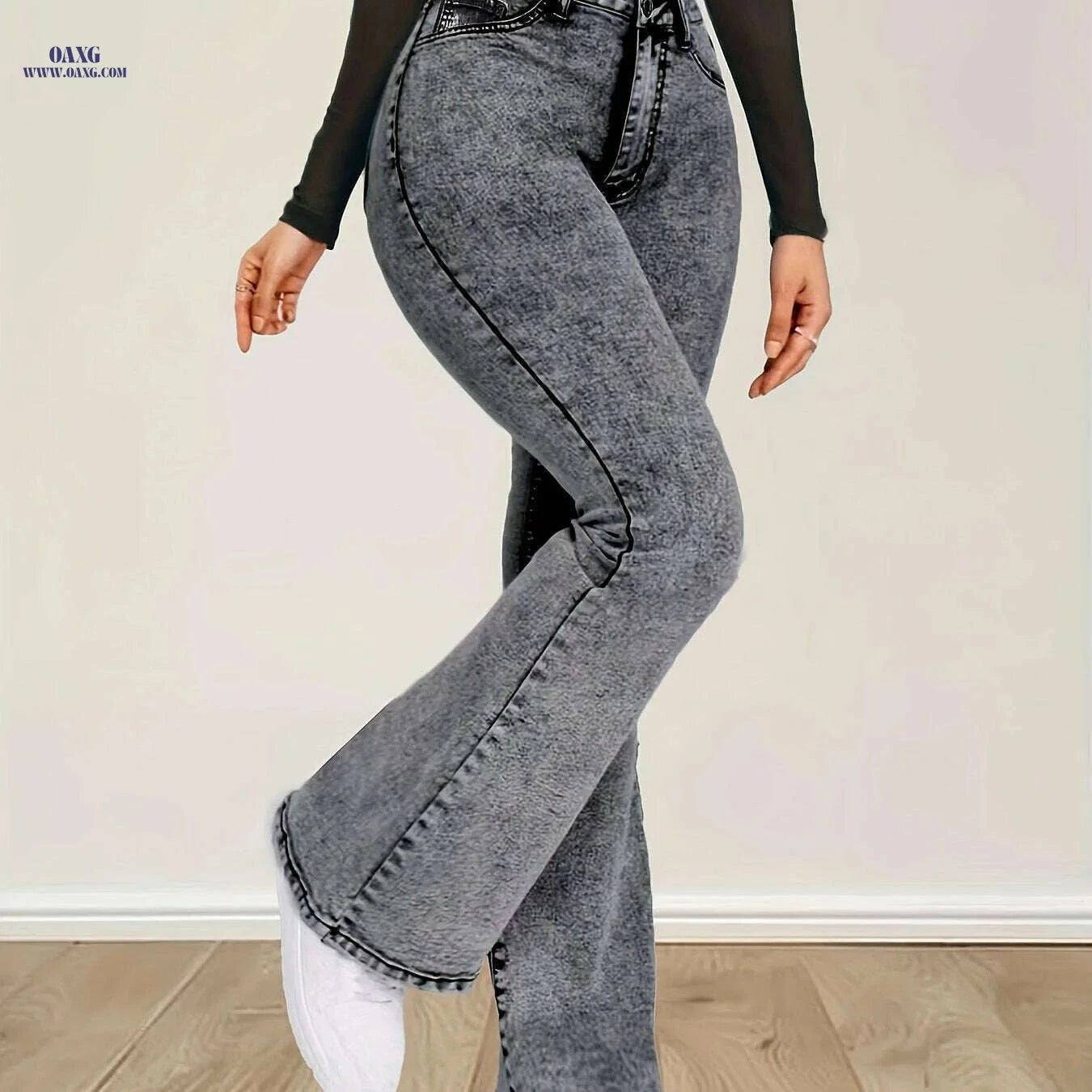 High-Waist Stretch Denim Flare Jeans - Comfortable Bell Bottom Pants   OAXG Grey / XS