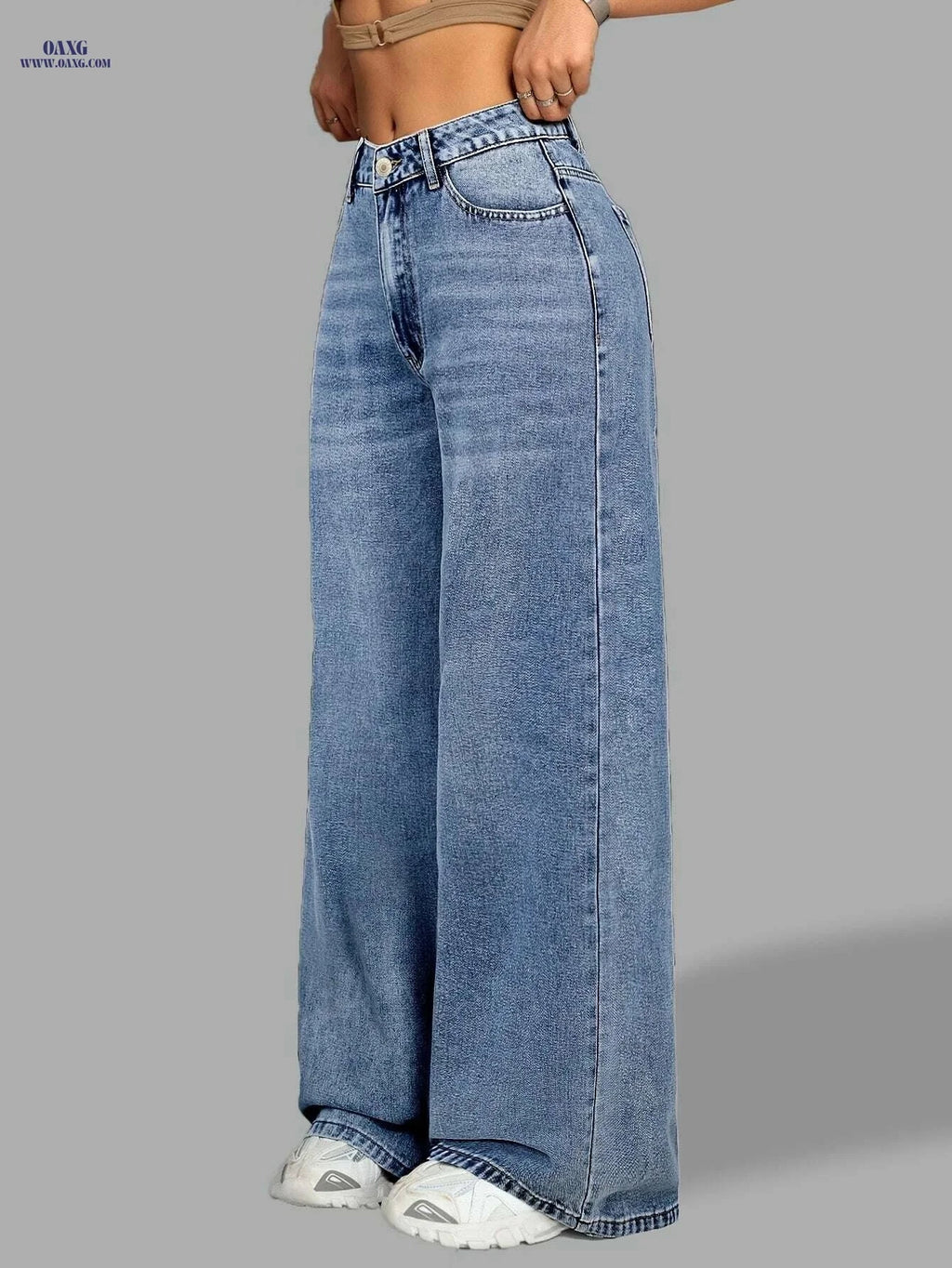 High Waist Wide Leg Denim Jeans - Casual All-Season Pants for Women   OAXG Medium Blue / XS