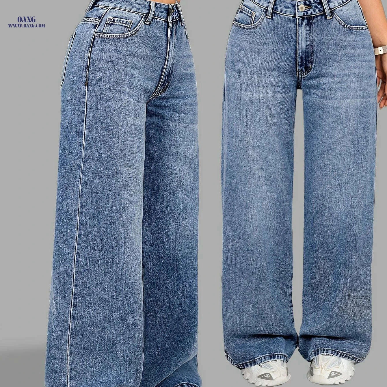 High Waist Wide Leg Denim Jeans - Casual All-Season Pants for Women   OAXG Medium Blue / XS