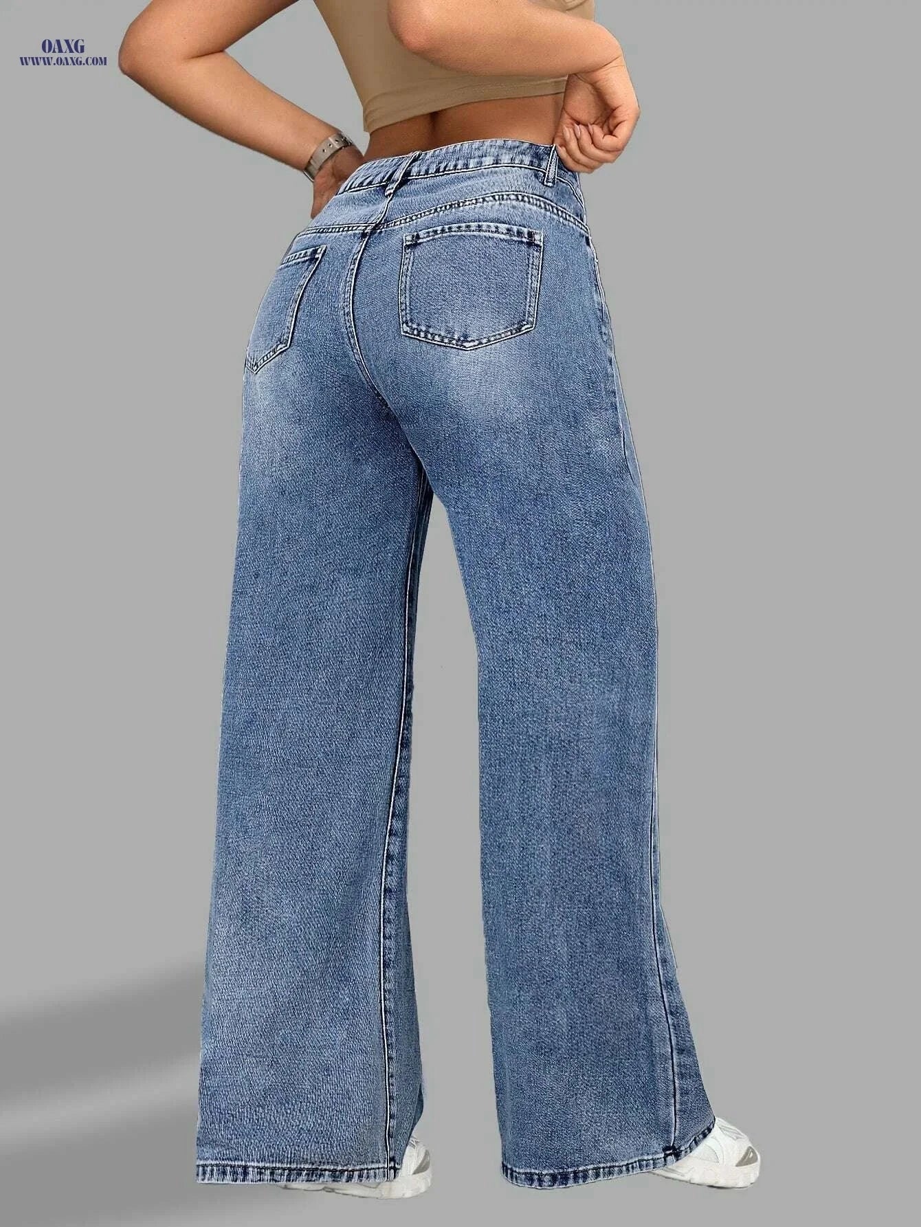 High Waist Wide Leg Denim Jeans - Casual All-Season Pants for Women   OAXG Medium Blue / XS