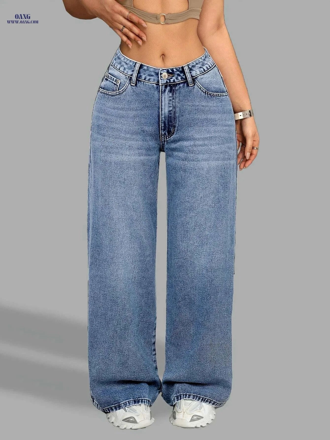 High Waist Wide Leg Denim Jeans - Casual All-Season Pants for Women   OAXG Medium Blue / XS