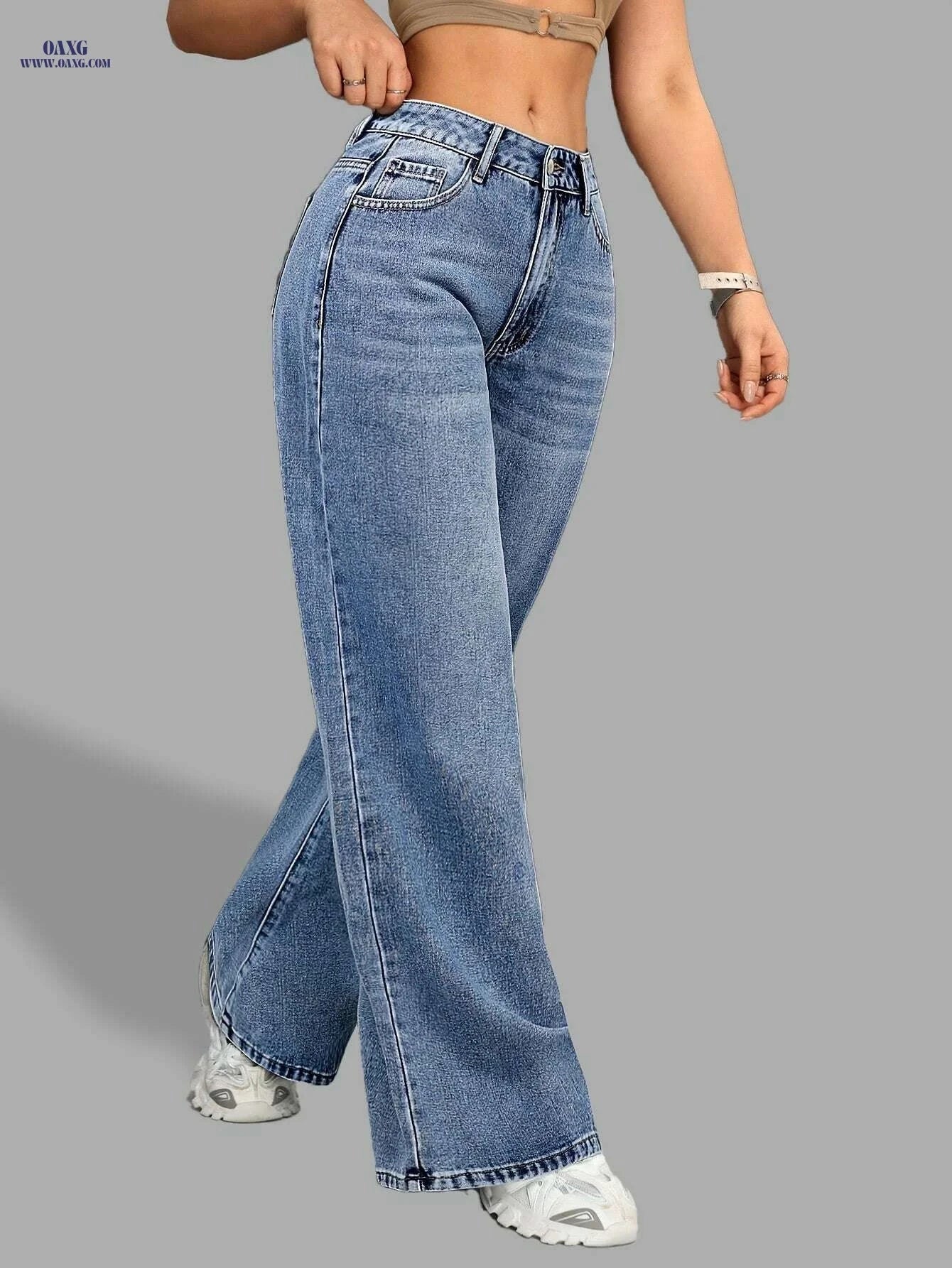 High Waist Wide Leg Denim Jeans - Casual All-Season Pants for Women   OAXG Medium Blue / XS