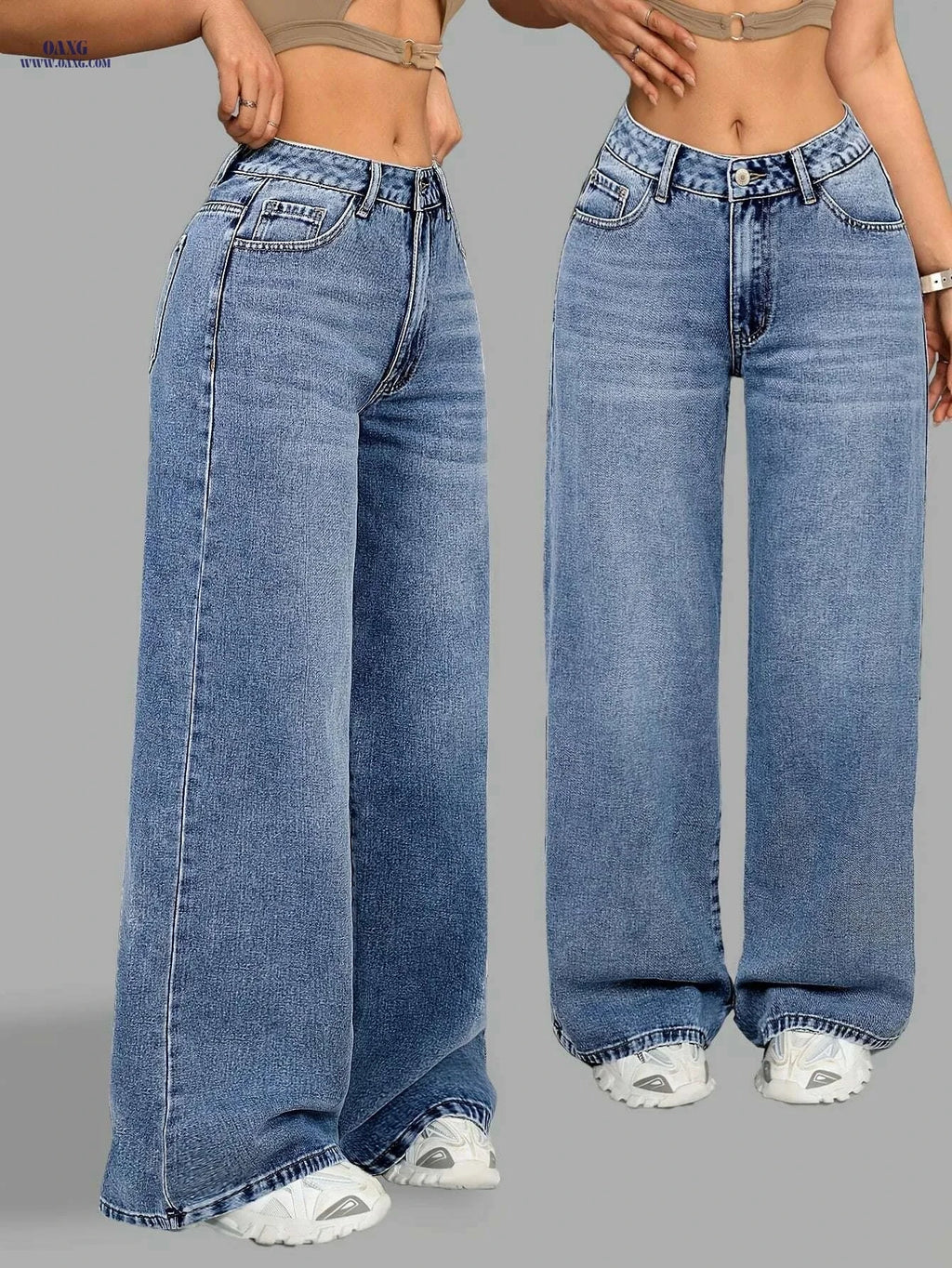 High Waist Wide Leg Denim Jeans - Casual All-Season Pants for Women   OAXG Medium Blue / XS