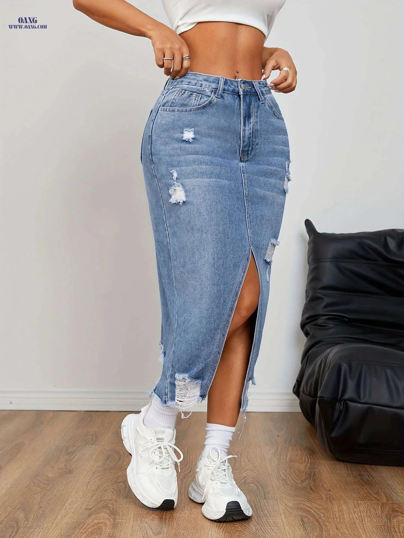 High-Waisted A-Line Midi Skirt with Slit - Casual Denim Style   OAXG 