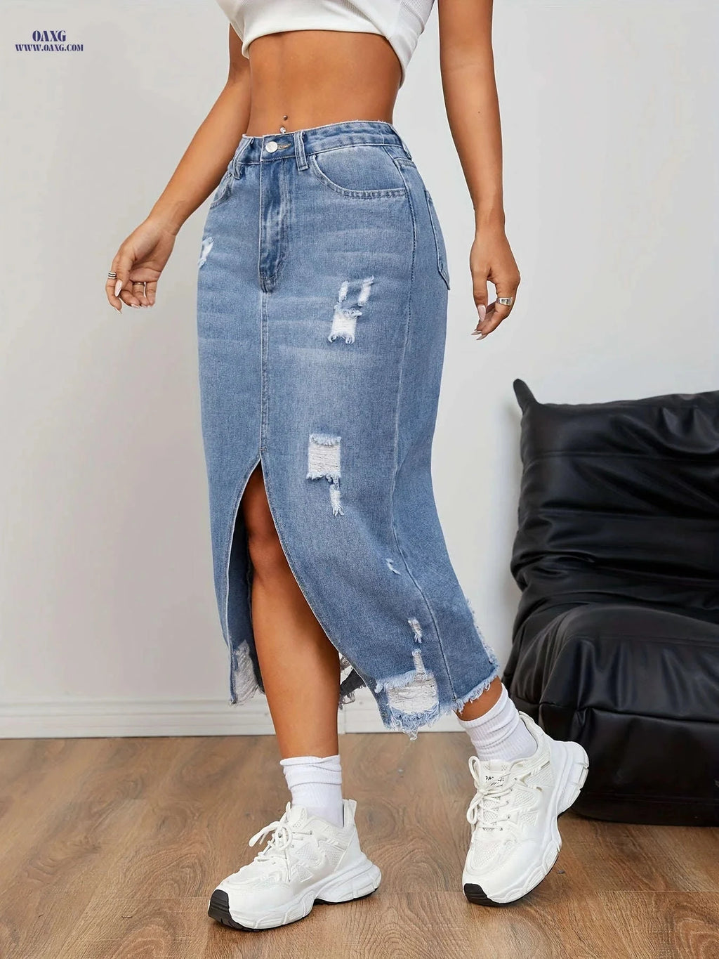 High-Waisted A-Line Midi Skirt with Slit - Casual Denim Style   OAXG Medium Blue / XS