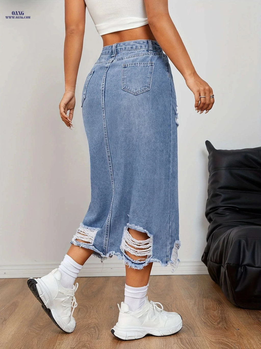 High-Waisted A-Line Midi Skirt with Slit - Casual Denim Style   OAXG Medium Blue / XS