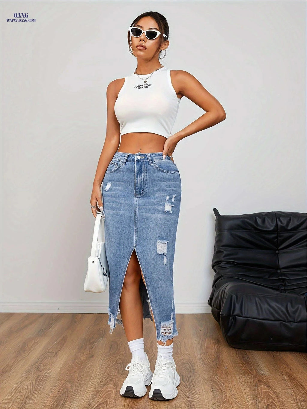 High-Waisted A-Line Midi Skirt with Slit - Casual Denim Style   OAXG Medium Blue / XS