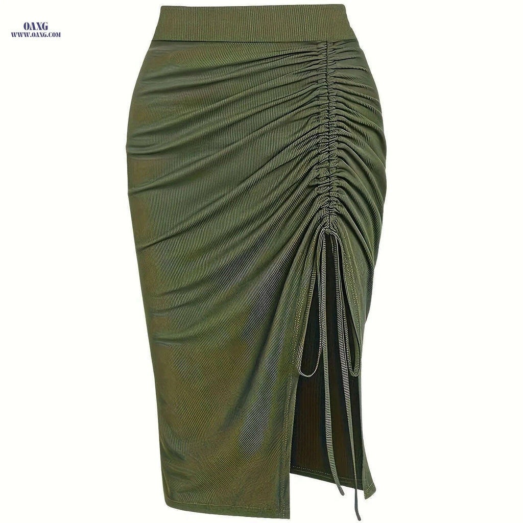 High-Waisted Asymmetrical Mermaid Skirt - Adjustable Drawstring Waist   OAXG Army Green / S