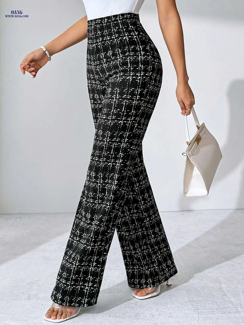 High-Waisted Black and White Plaid Flare Pants - Casual Spring Style   OAXG 