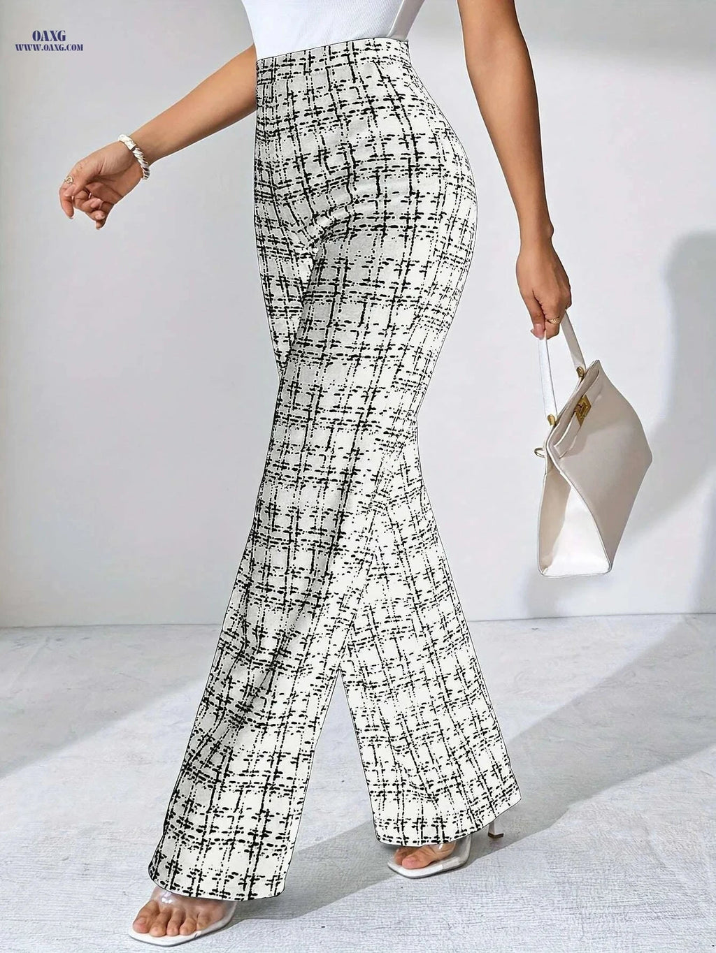 High-Waisted Black and White Plaid Flare Pants - Casual Spring Style   OAXG 