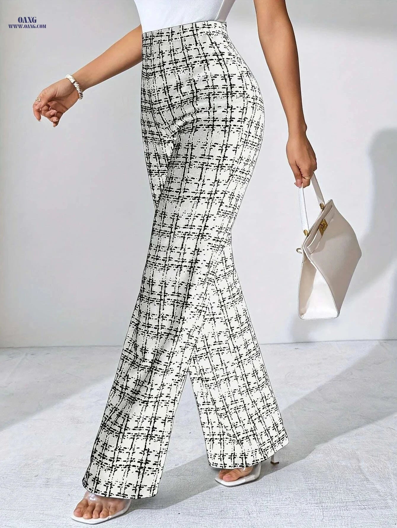 High-Waisted Black and White Plaid Flare Pants - Casual Spring Style   OAXG 