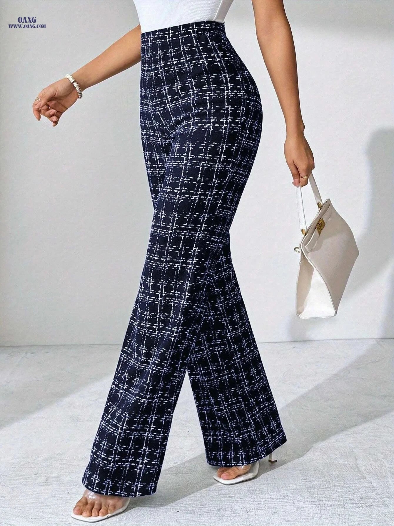 High-Waisted Black and White Plaid Flare Pants - Casual Spring Style   OAXG Black / XS
