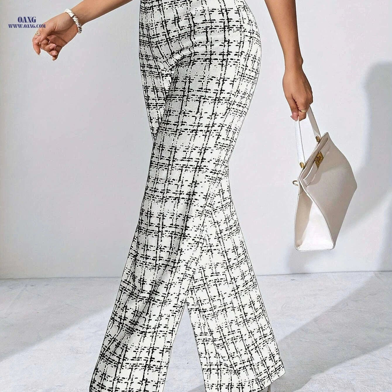 High-Waisted Black and White Plaid Flare Pants - Casual Spring Style   OAXG 