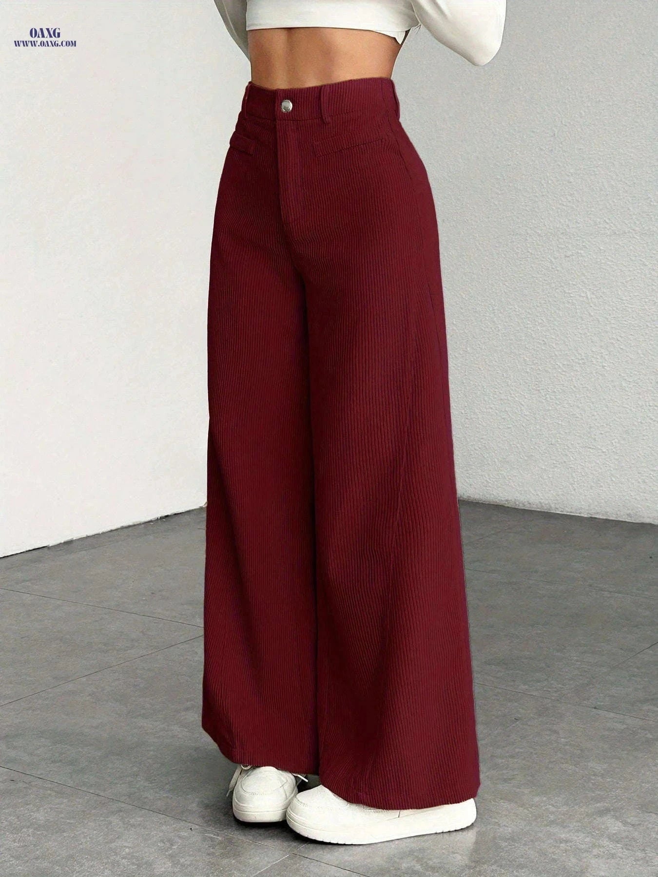 High-Waisted Corduroy Wide-Leg Pants - Casual Loose-Fitting Trousers   OAXG crimson / XS