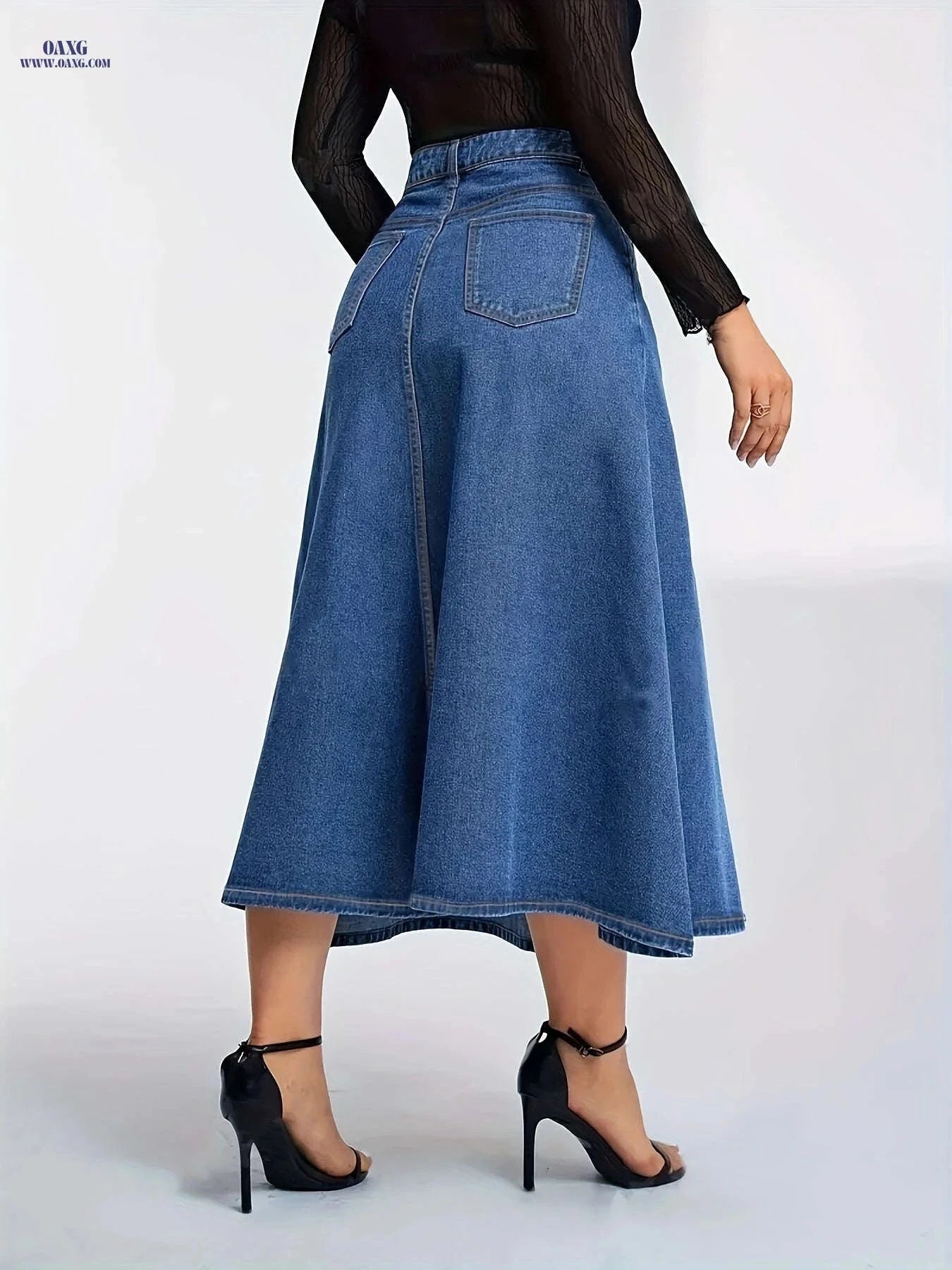 High-Waisted Denim Skirt - Flared Design with Slanted Pockets   OAXG 
