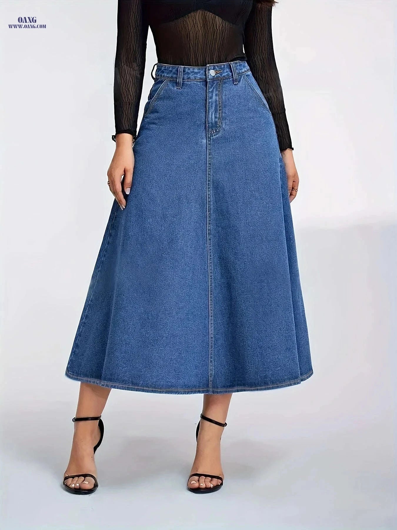 High-Waisted Denim Skirt - Flared Design with Slanted Pockets   OAXG Medium Blue / S