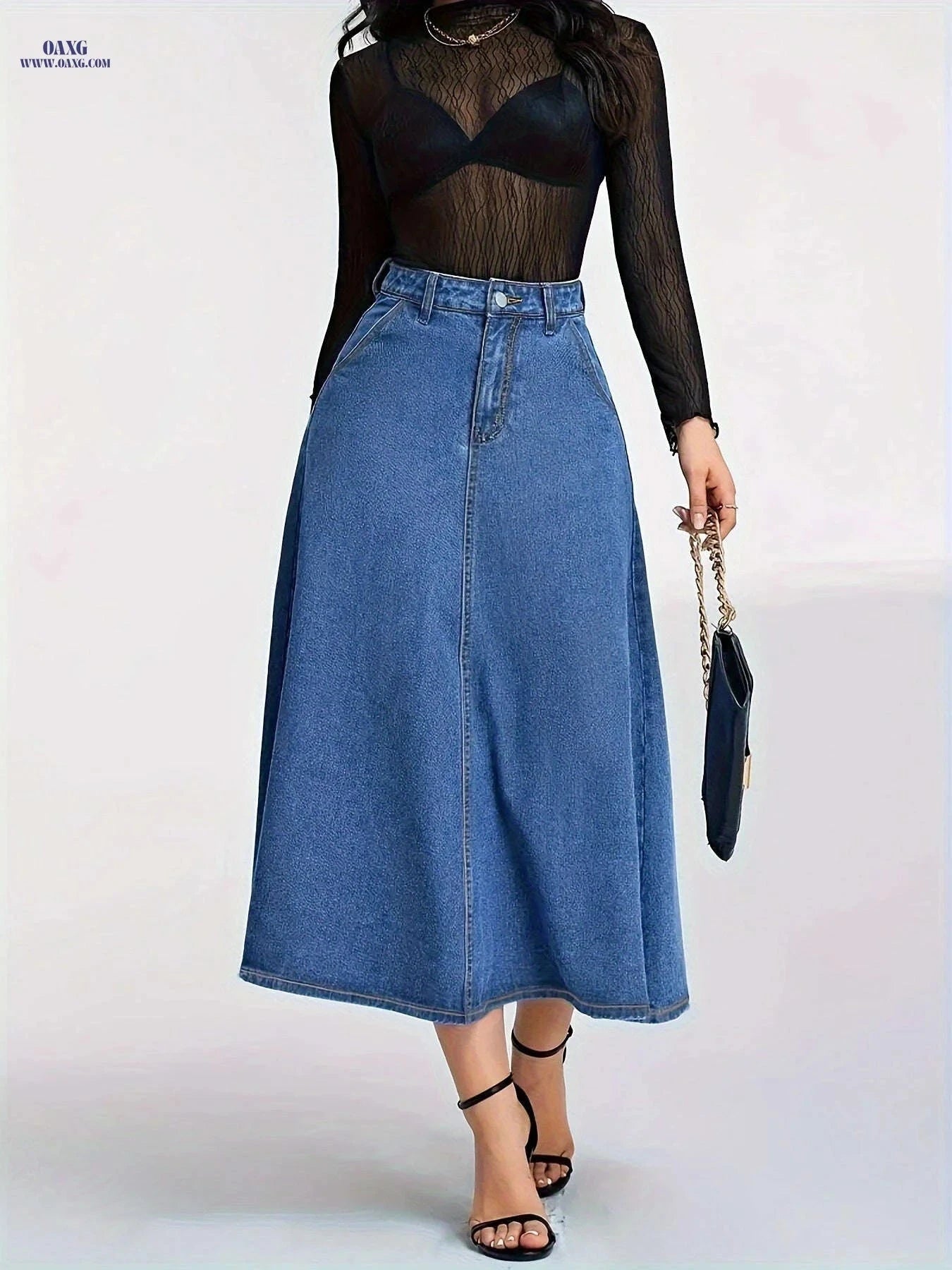 High-Waisted Denim Skirt - Flared Design with Slanted Pockets   OAXG Medium Blue / S