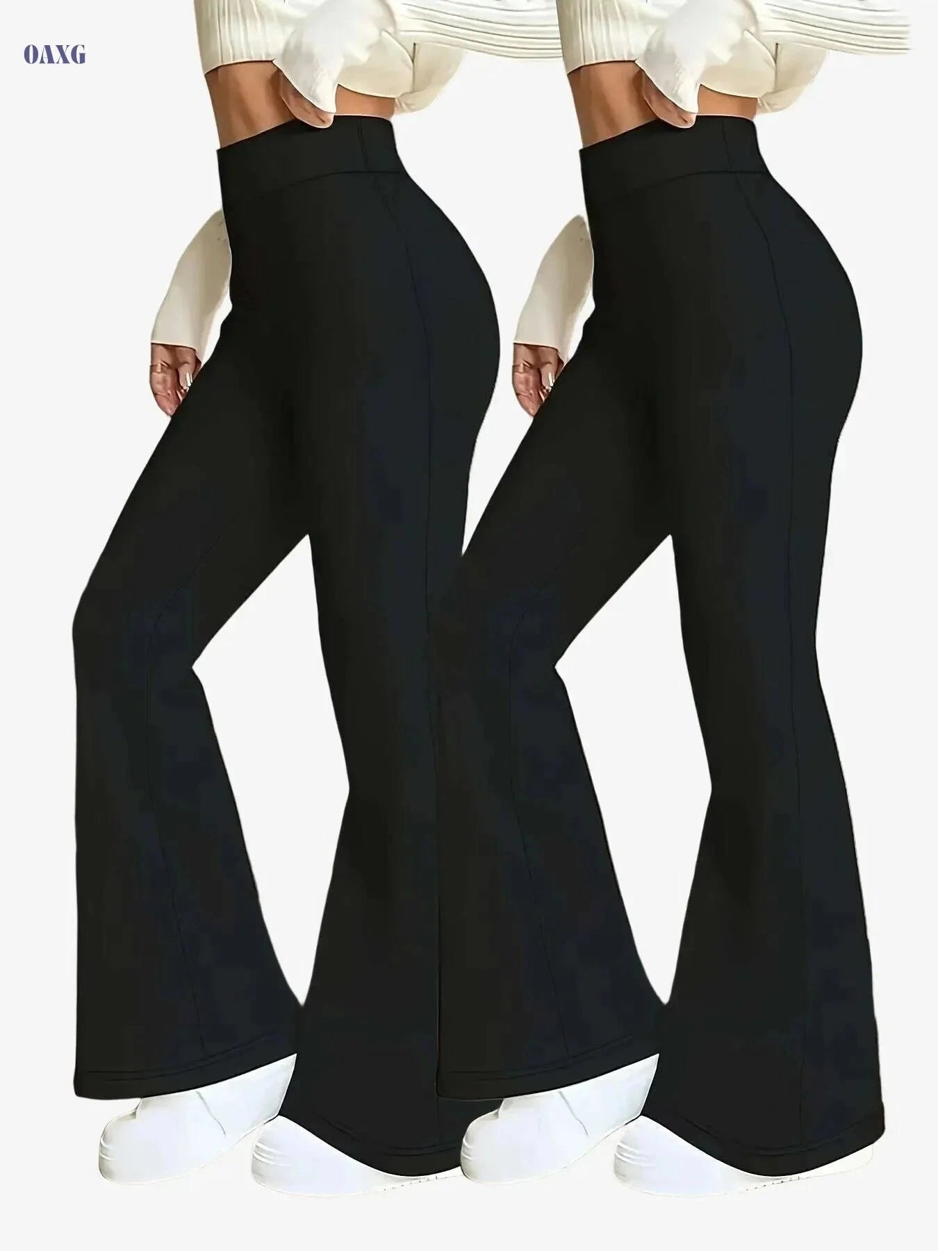 High-Waisted Flare Leg Pants - Stretchy Black Yoga Leggings for Women   OAXG Black+black / S