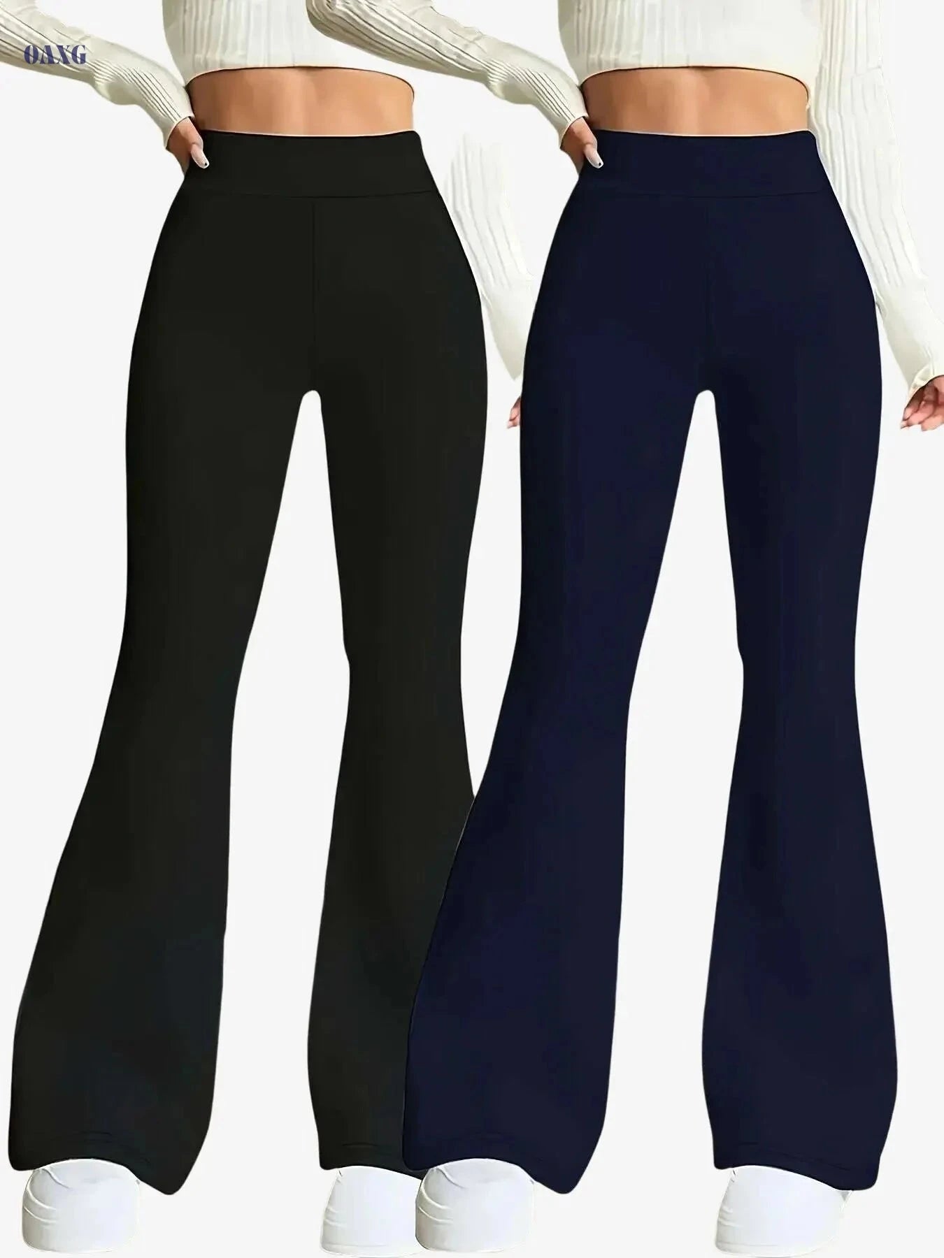 High-Waisted Flare Leg Pants - Stretchy Black Yoga Leggings for Women   OAXG Black+black / S