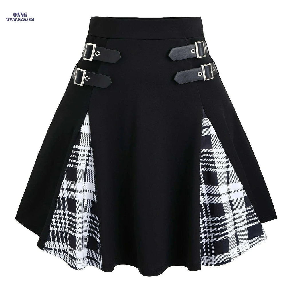 High-Waisted Gothic Mini Skirt - Black & Purple Checkered Style   OAXG 