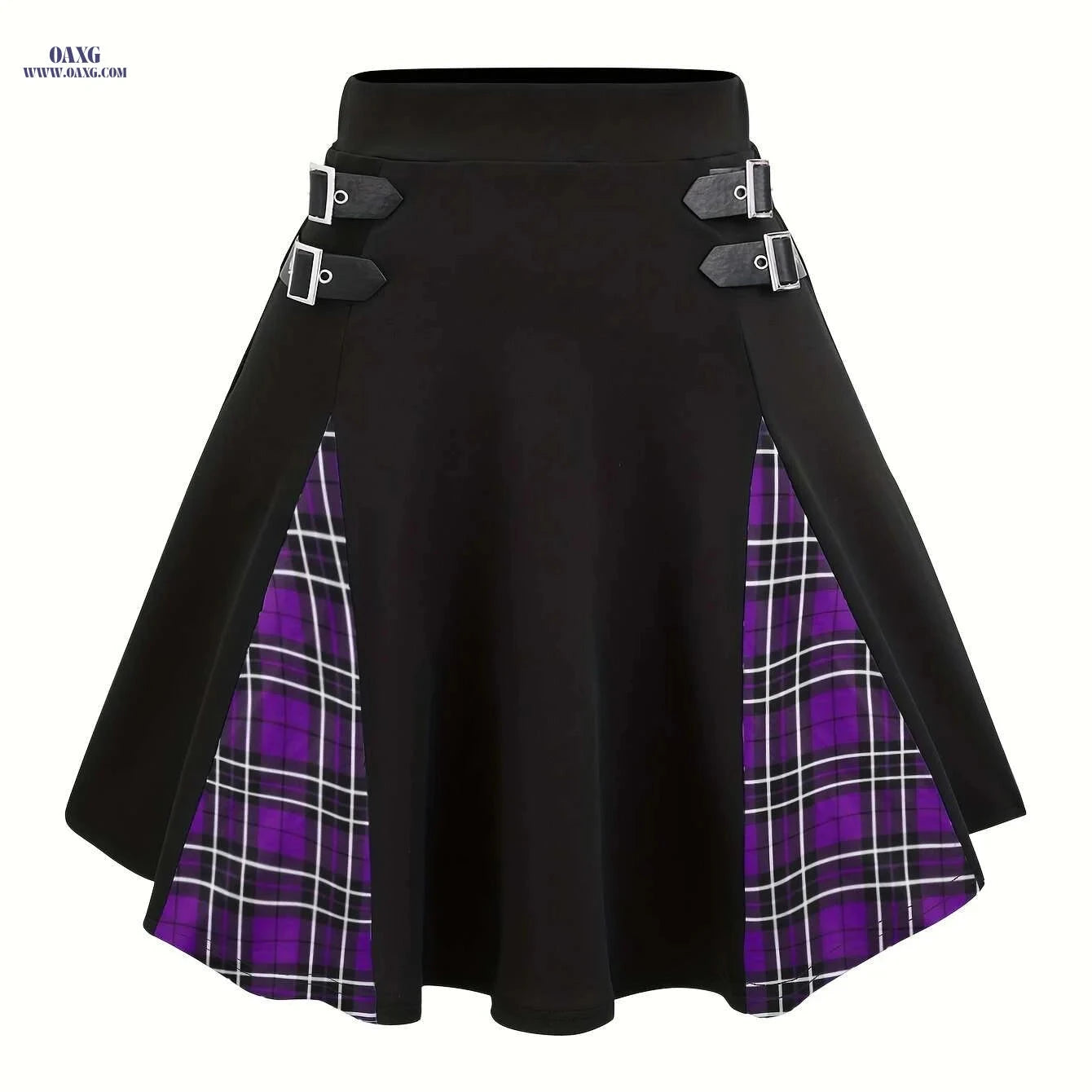 High-Waisted Gothic Mini Skirt - Black & Purple Checkered Style   OAXG 